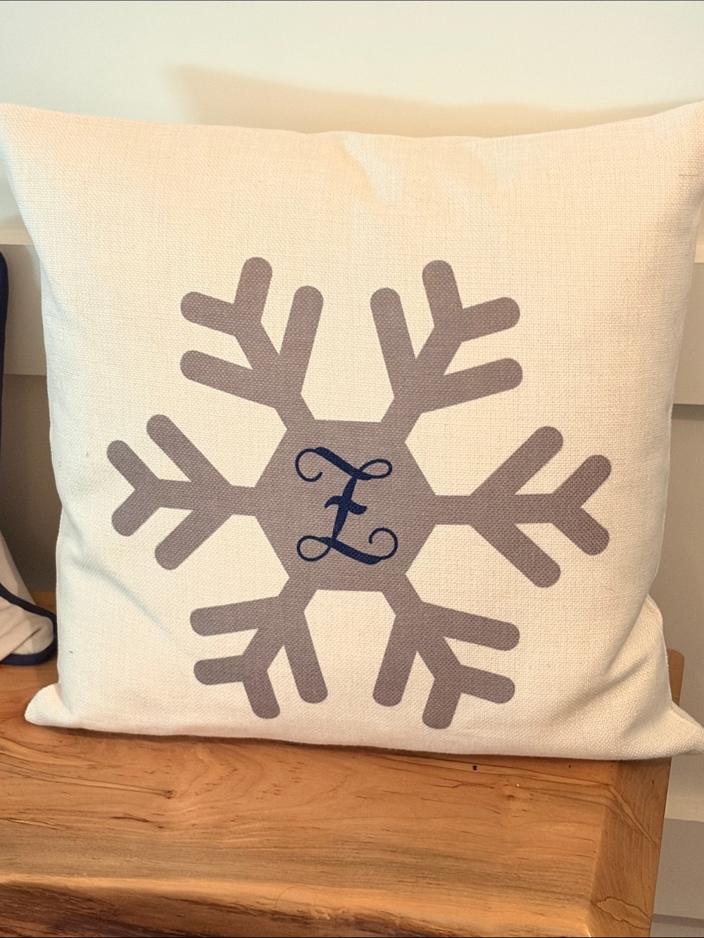 Neutral Snowflake Z Monogram Throw Pillow Personalized Accent Cushion navy cream
